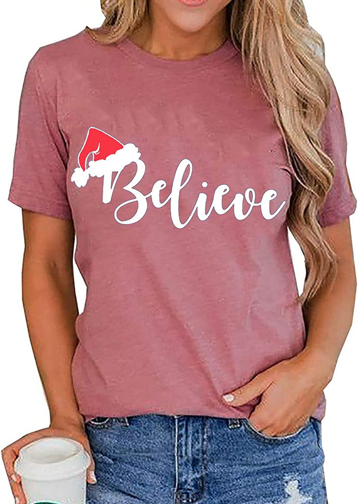 Women Believe Christmas Shirt Long Sleeve Christmas Blouse T-Shirt