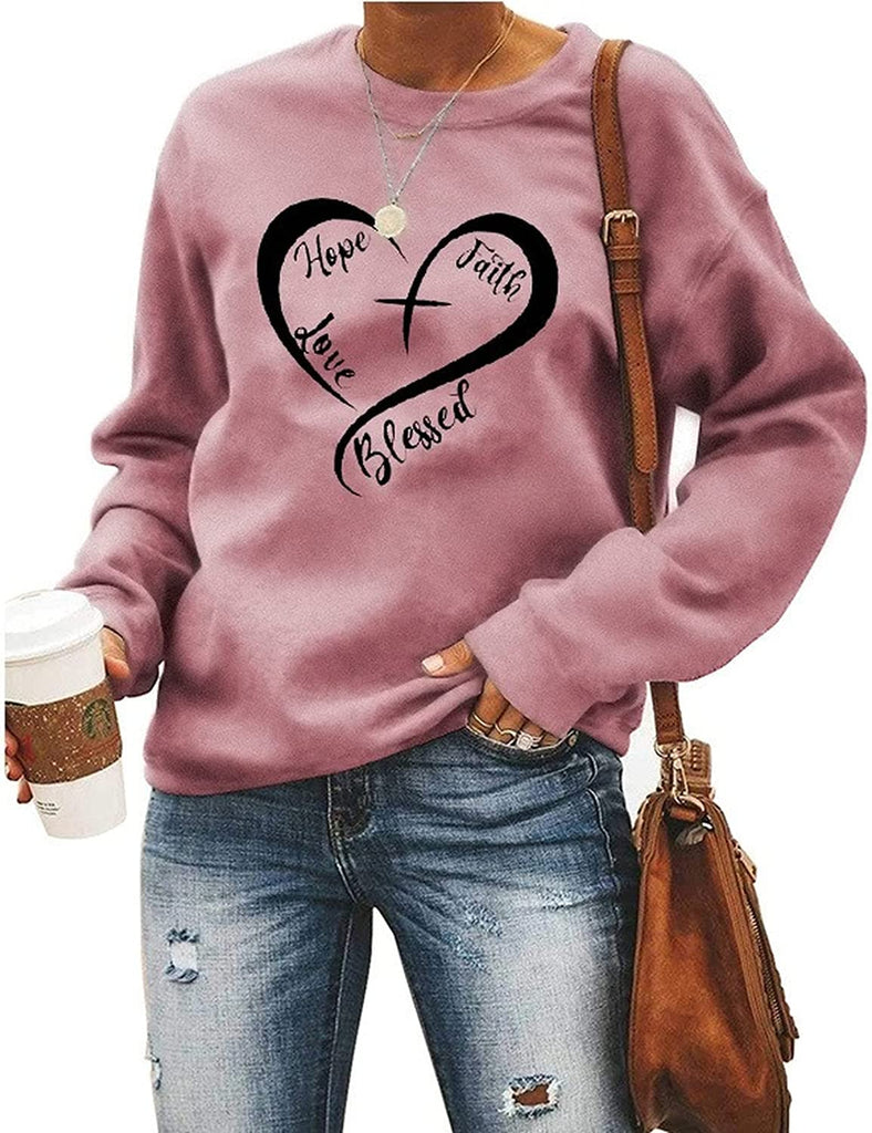 Christian Heart Sweatshirt Women Hope Faith Love Blessed Sweater