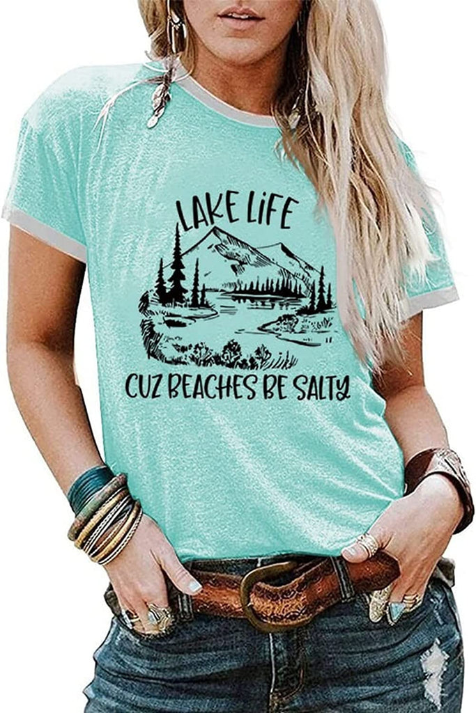 Cute Vacation T-Shirt Women Lake Life Because Beaches Be Salty Graphic Tees