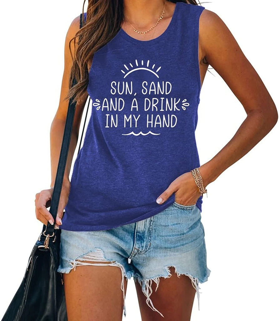Women Sun Sand and A Drink in My Hand Tank Top Cute Graphic Shirt