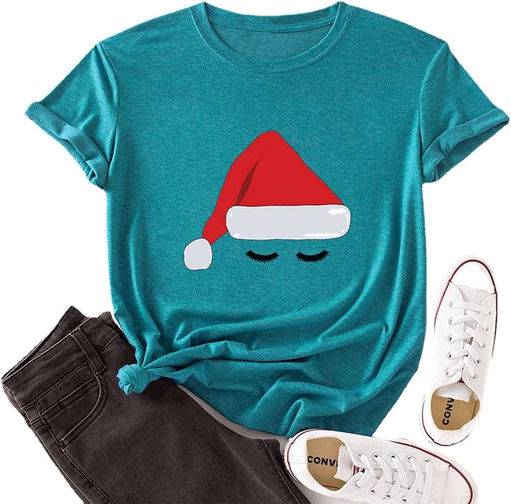 Women Santa Hat Cute Eyes Graphic Christmas T-Shirt