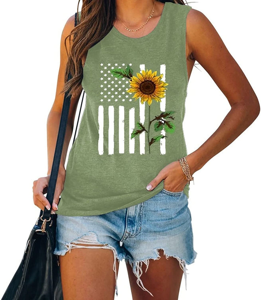 4th of July Flag Gift Tank Tops Women USA Flag Flower Shirt
