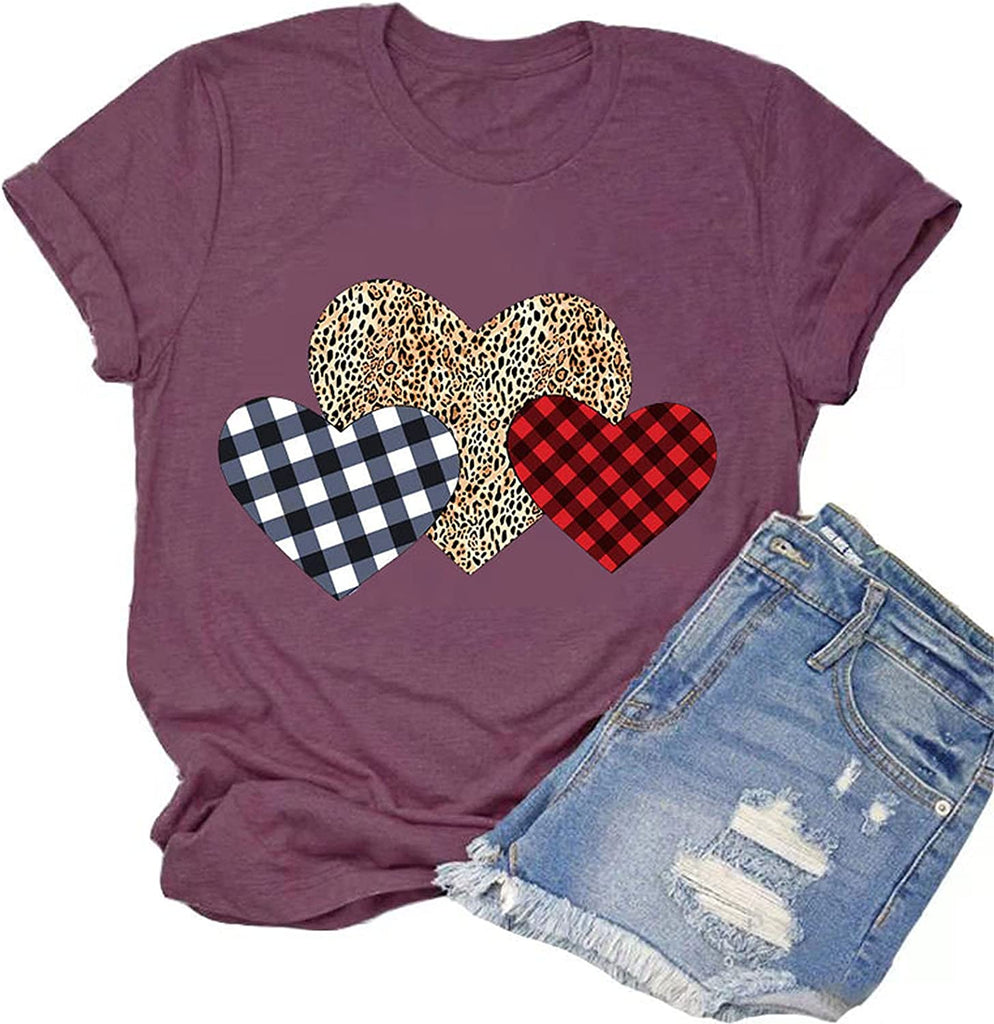 Women Buffalo Plaid & Leopard Heart T-Shirt