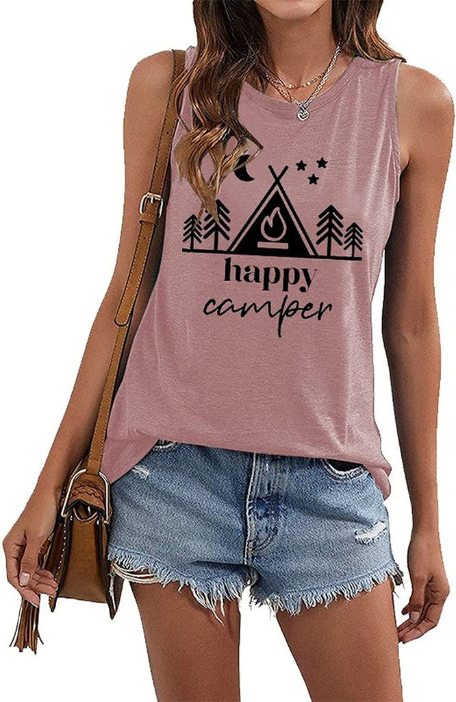 Women Happy Camper Tank Tops Camping Adventure Nature Lover Shirt