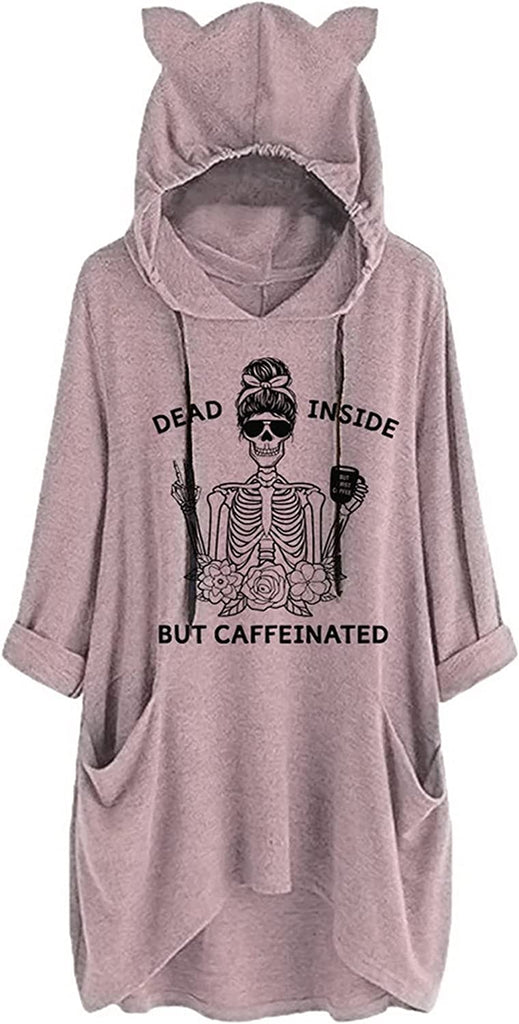 Dead Inside But Caffeinated Sunflower Women Long Sleeve Hoodies Skull Shirt for Women