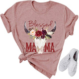 Women Blessed Mama Bull Skull T-Shirt Floral Mama Shirt