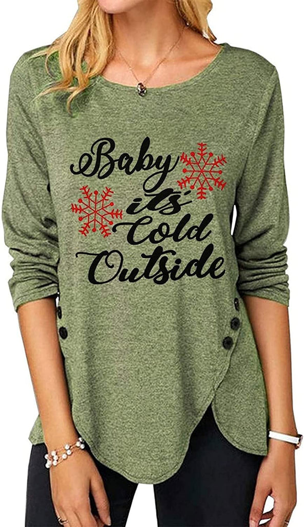 Women Fashion Top Christmas Snowflake Letter Irregular Button Long Sleeve Round Neck T-Shirt