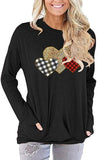 Women Long Sleeve Buffalo Plaid & Leopard Heart Blouse with Pockets