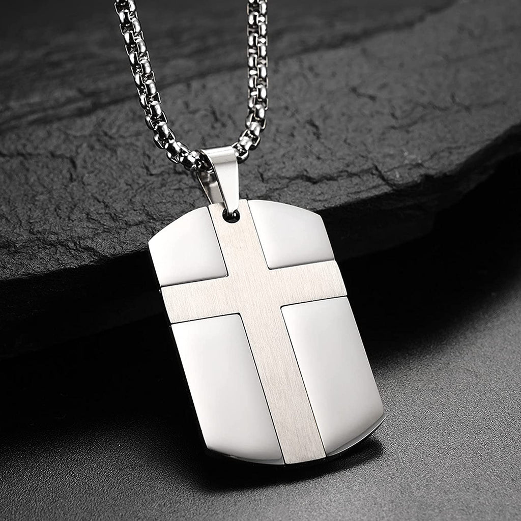 Men's Stainless Steel Black Silver Gold Cross Tag Pendant Necklace for Men Lord's Prayer Necklace Engraved Bible