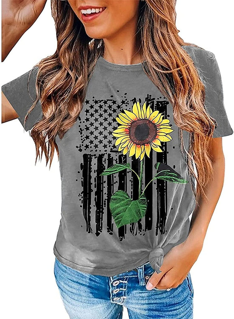 Women American Flag Sunflower T-Shirt Sunflower Graphic Tee Shirt
