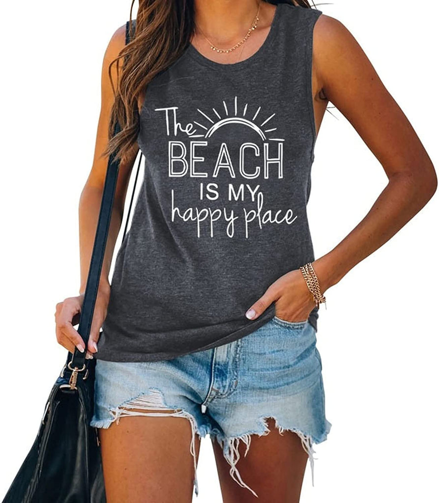 The Beach is My Happy Place Sleeveless Shirt for Women Summer Beach Tank Shirt