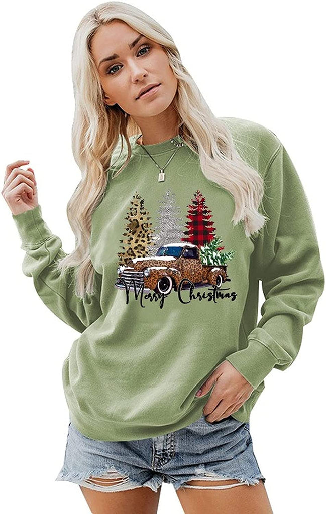 Women Merry Christmas Sweatshirt Christmas Tree Car Shirt