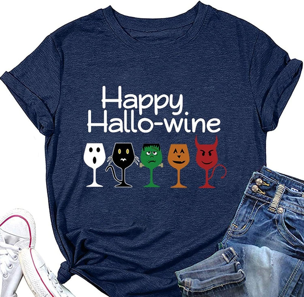 Women Happy Hallo Wine Drinking T-Shirt Halloween Wine Tee Tops