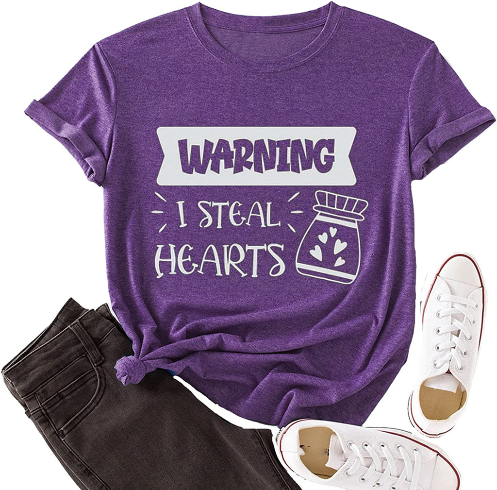 Valentines Day Heart Tees Women Warning I Steal Hearts Funny Graphic Shirt