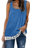 Women Fashion Tank Tops Solid Color Stitching Lace Square Round Neck Shirt
