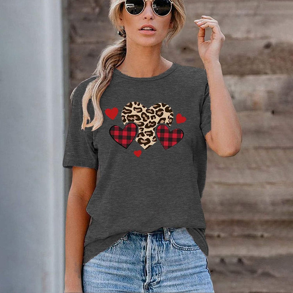 Women Buffalo Plaid & Leopard Heart T-Shirt