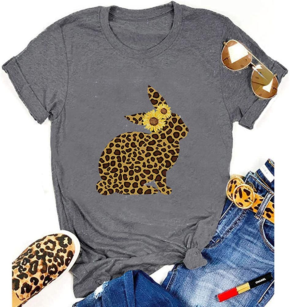Women Sunflower Leopard Bunny Cute Easter T-Shirt