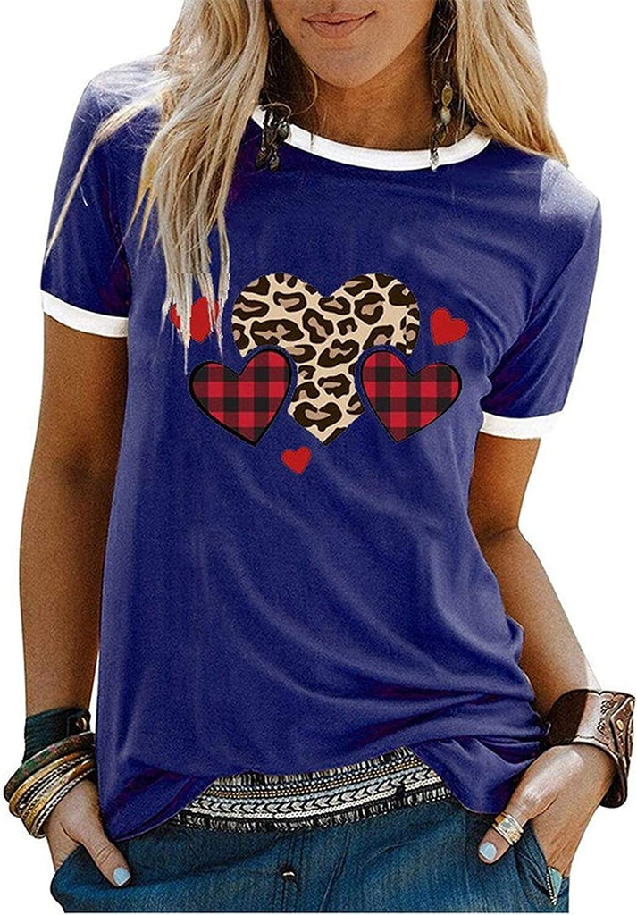 Women Buffalo Plaid & Leopard Heart T-Shirt for Valentine's Day