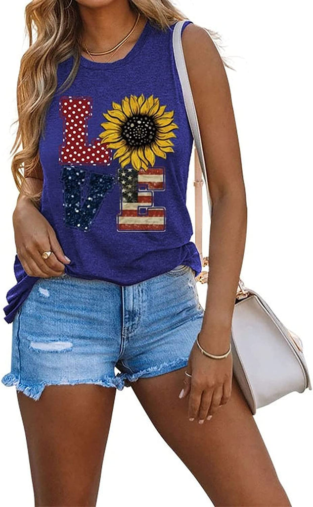 Love American Flag Sunflower Tank for Women Independence Day 4th of July Party Shirt