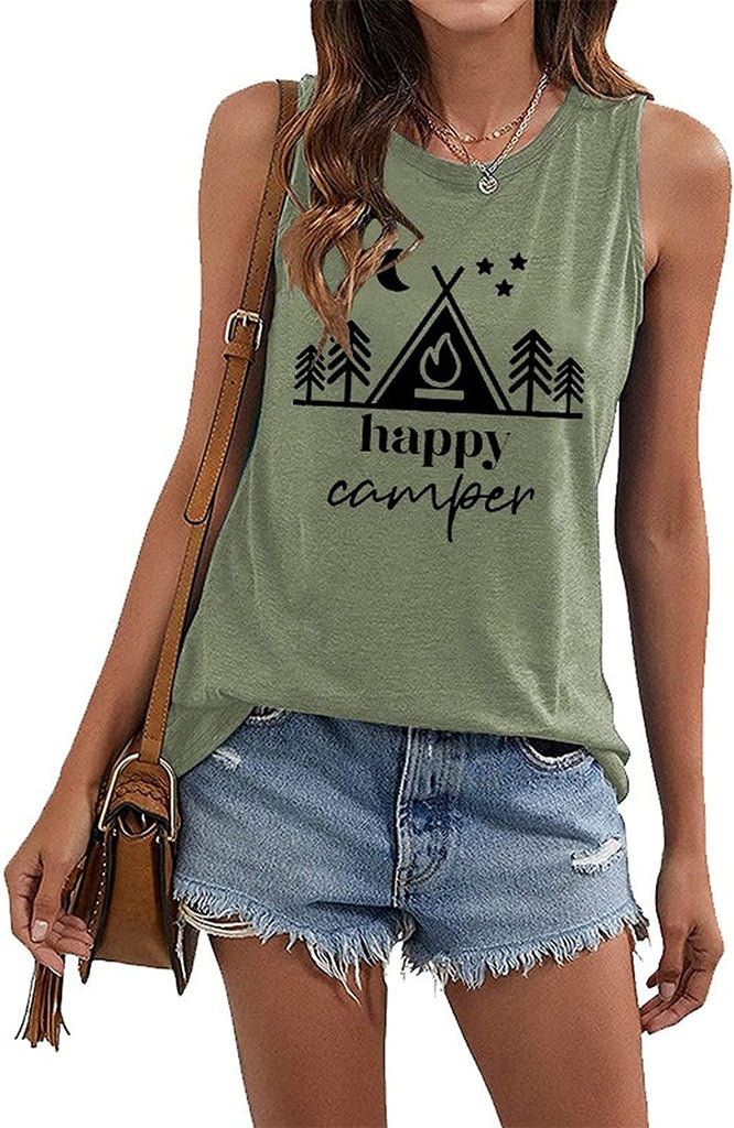 Women Happy Camper Tank Tops Camping Adventure Nature Lover Shirt