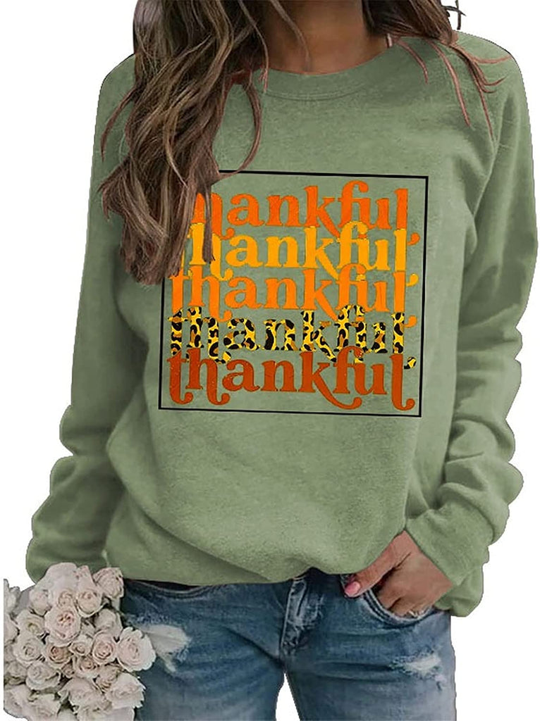 Women Thankful Sweatshirt Long Sleeve Leopard Print Graphic Thanksgiving Shirt