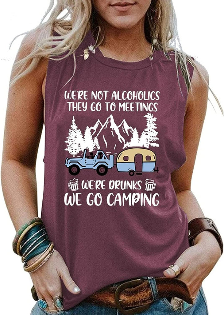 Funny Camper Tank Tops Women We're Not Alcoholics They Go to Meetings Shirt