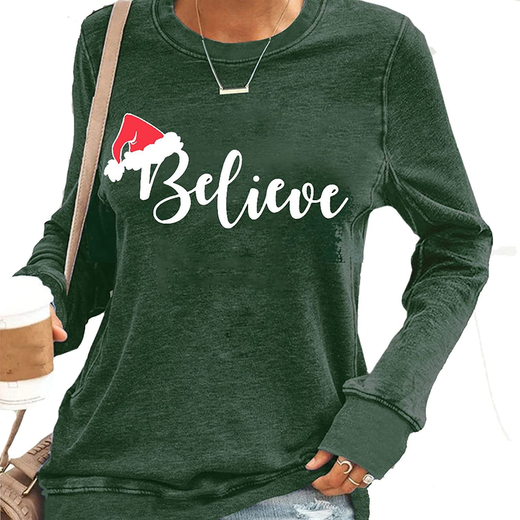 Women Believe Christmas Shirt Long Sleeve Christmas Blouse T-Shirt