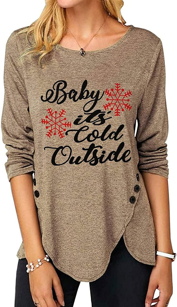 Women Fashion Top Christmas Snowflake Letter Irregular Button Long Sleeve Round Neck T-Shirt