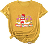 Women Merry Christmas Shirt Santa Flamingo T-Shirt