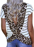 Women Fashion Striped T-Shirt Leopard Open Back T-Shirt