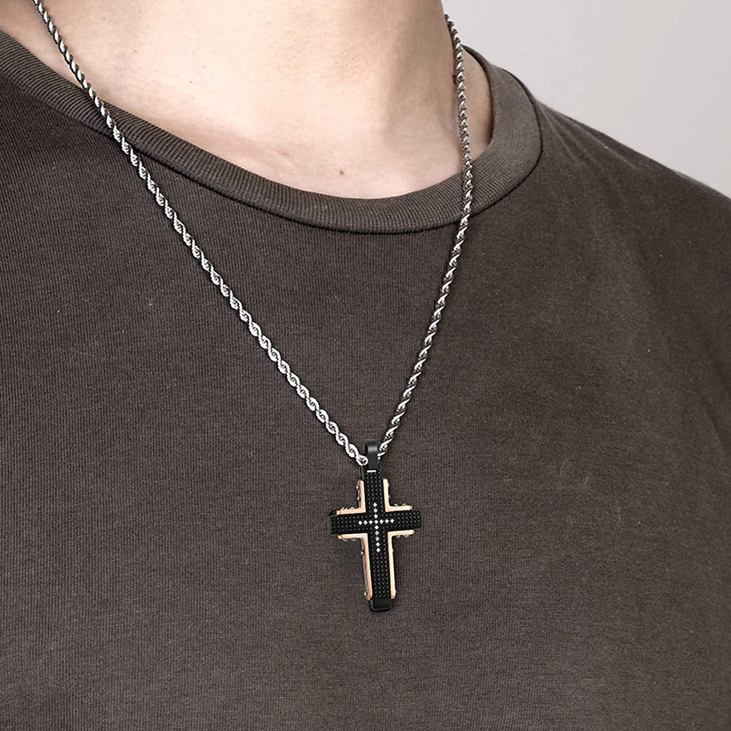 Men's Stainless Steel Black Rose Gold Cross Pendant Necklace for Lord's Prayer Necklace Heavy Chain