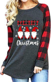 Women Long Plaid Sleeve Merry Christmas Santa Graphic Cute Shirt Blouse