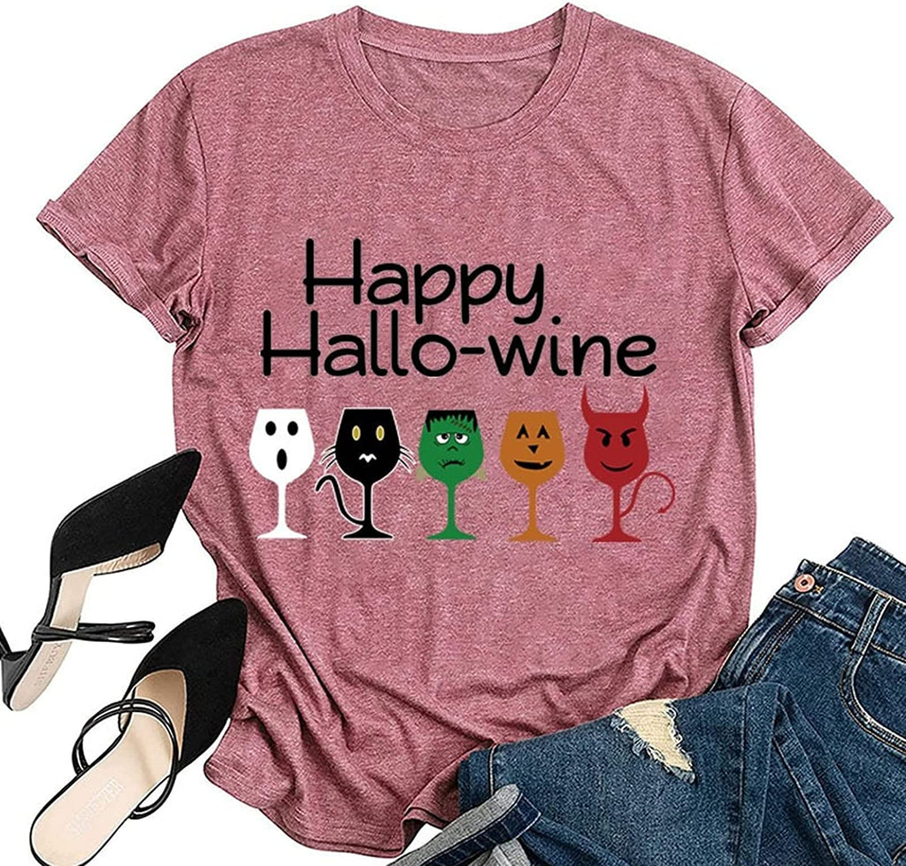 Women Happy Hallo Wine Drinking T-Shirt Halloween Wine Tee Tops