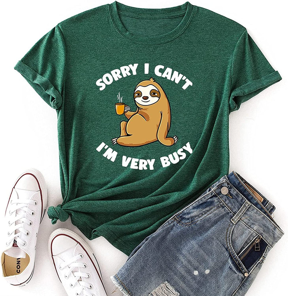Women Sorry I Can't, I'm Very Busy Sloth Short Sleeve T-Shirt Sloth Coffee Shirt