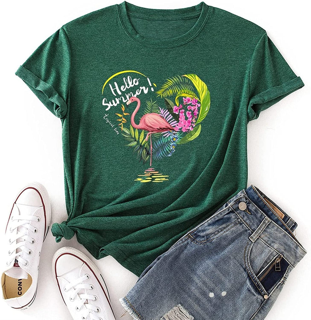 Flamingo Hello Summer T-Shirt Women Summer Favorite Season Tees Tops