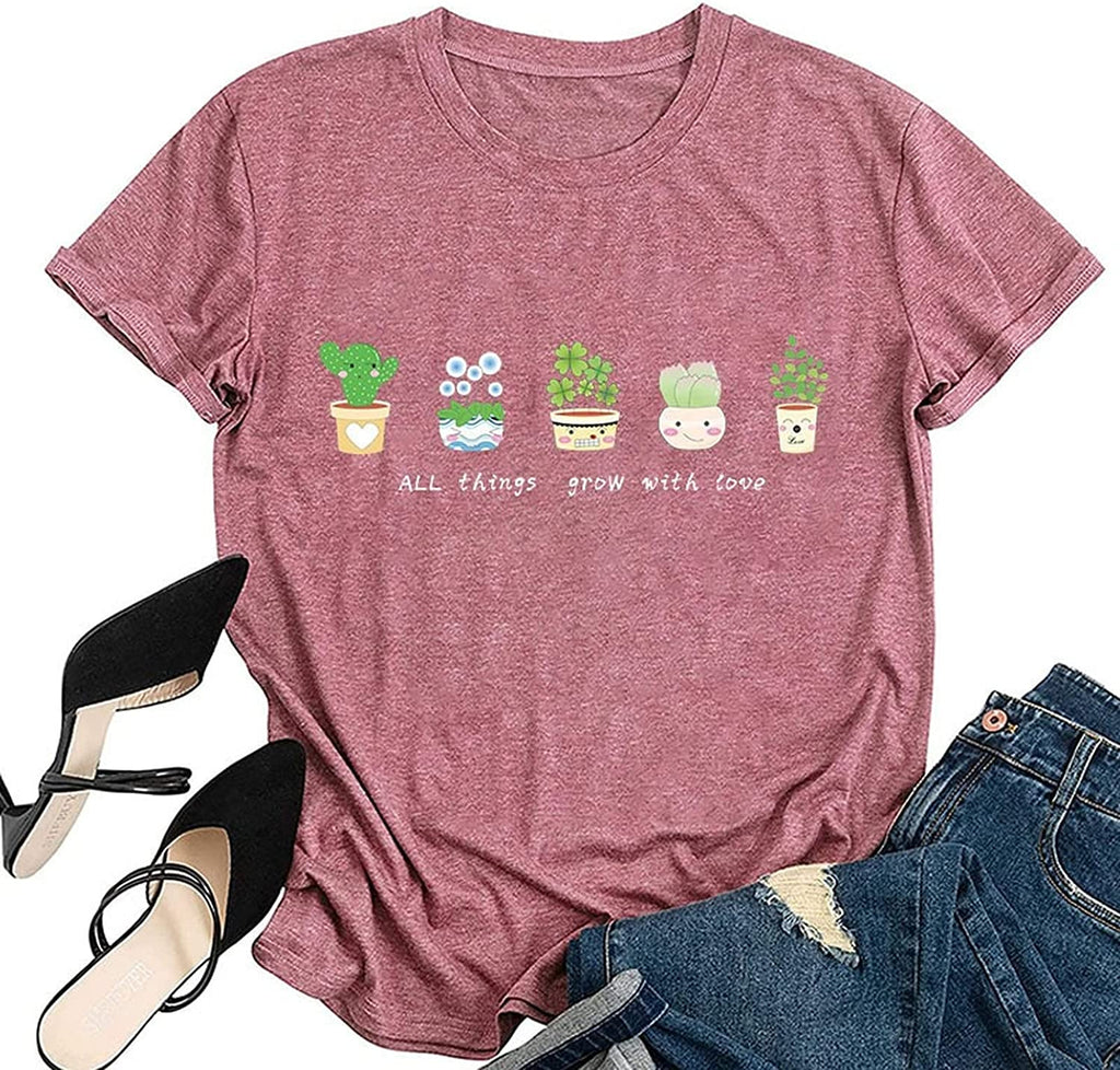 Women Positive Vibes T-Shirt All Things Grow with Love Plant Addict Shirt