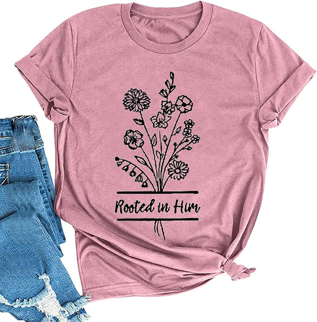 Women Rooted in Him T-Shirt Gift for Jesus Believer Faith Based Shirt