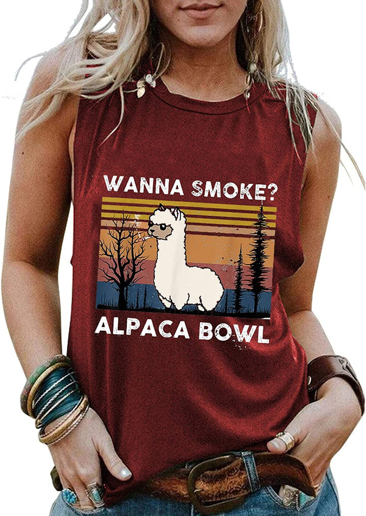 Women Wanna Smoke Alpaca Bowl Tank Tops Vintage Alpaca Bowl Graphic Shirt