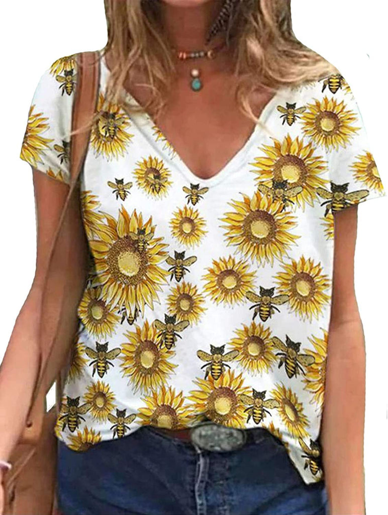 Women V-Neck Sunflower T-Shirt Fashion Floral Tunic Shirt