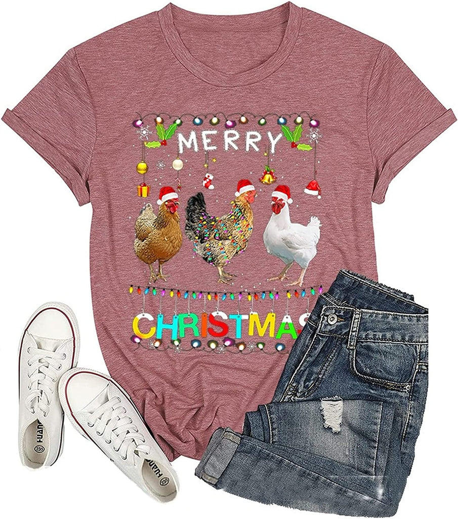 Funny Chicken Christmas Shirt Women Merry Christmas Chicken Shirt Santa Hat Lights Xmas T-Shirt