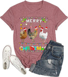 Funny Chicken Christmas Shirt Women Merry Christmas Chicken Shirt Santa Hat Lights Xmas T-Shirt