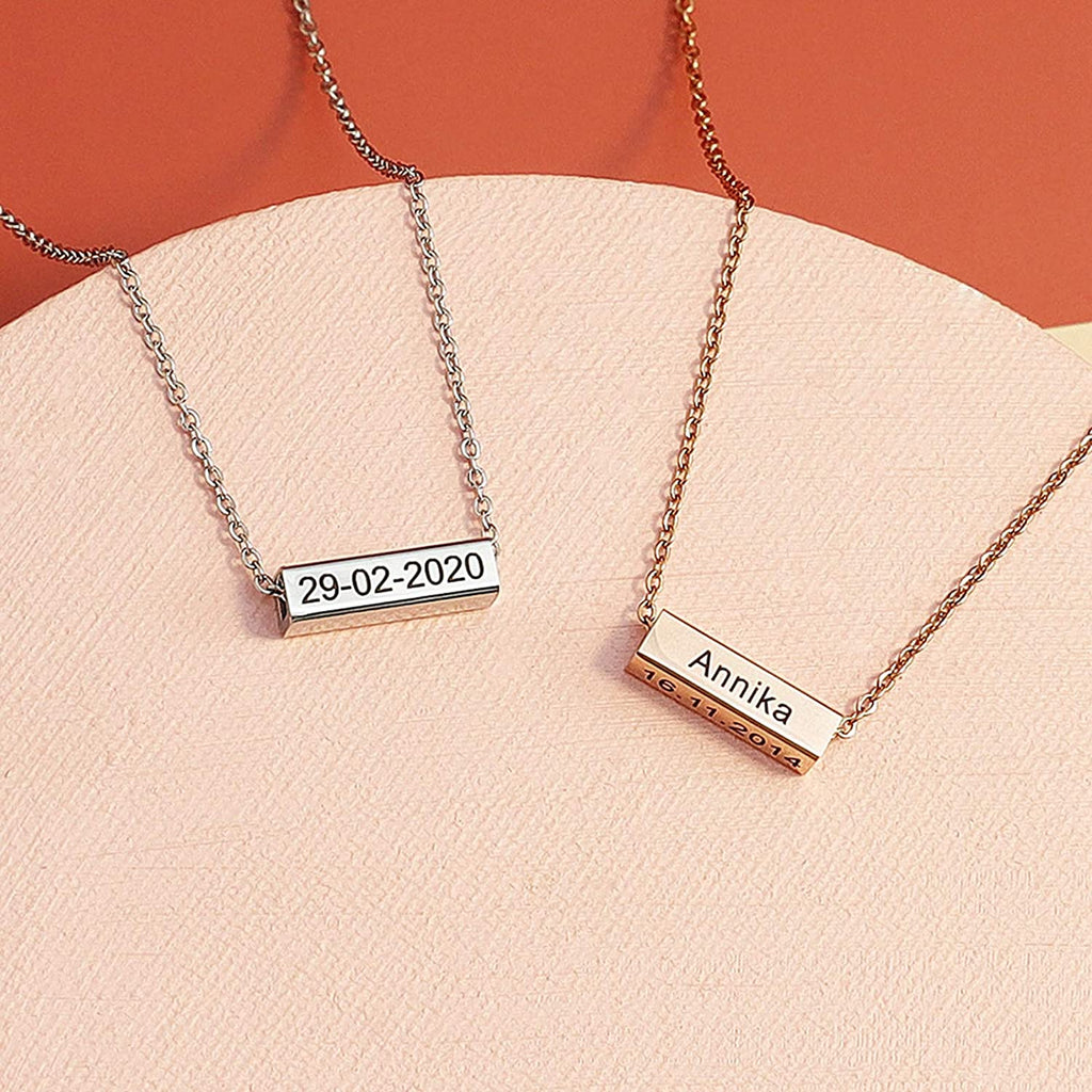 Girls Personalized Name Bar Necklaces Stainless Steel Square Tube Necklace Pendant 4 Sides Customize Letters for Women Girlfriend Mom