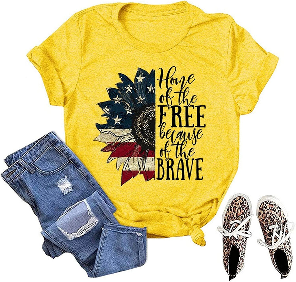 Women Home of The Free T-Shirt Sunflower American Flag Shirt