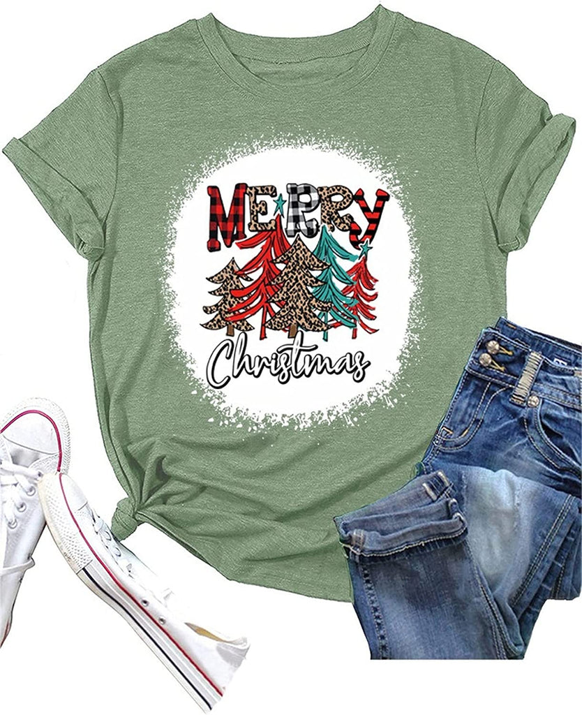Merry Christmas T-Shirt Women Christmas Tree Gift Shirt