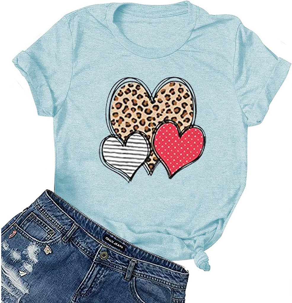 Women Leopard Stripe & Polka Dot Heart T-Shirt