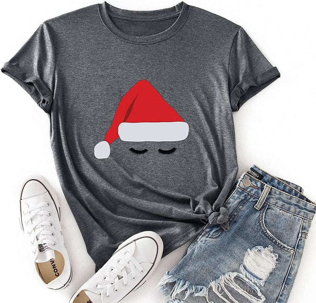 Women Santa Hat Cute Eyes Graphic Christmas T-Shirt