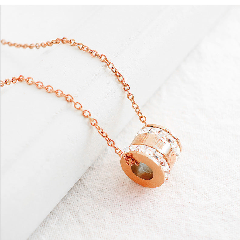 NEHZUS Rhinestone Jewellery Pendant with Double Rows of Glittering Roman Numerals In Rose Gold Plated Titanium Steel for Women