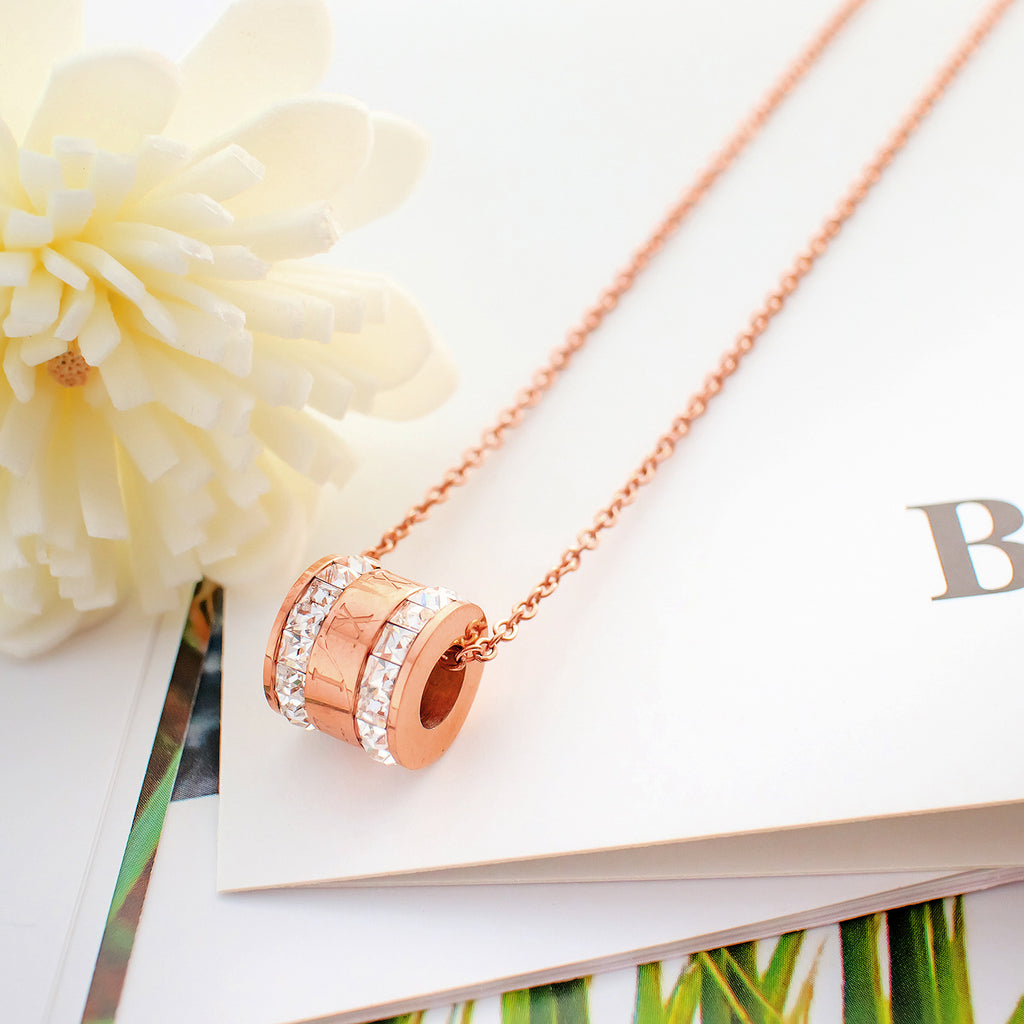 NEHZUS Rhinestone Jewellery Pendant with Double Rows of Glittering Roman Numerals In Rose Gold Plated Titanium Steel for Women
