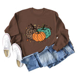 Halloween Pumpkin Leopard Print Round Neck Women's Sweatshirt Long Sleeve