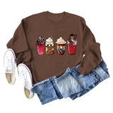 Coffee Ghost Print Round Neck Loose Fall and Winter Bottoming Long-sleeved Large Size Sweater